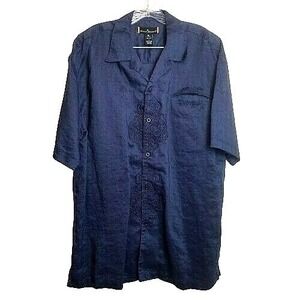 Stacy Adams Mens Button Camp Shirt LARGE Blue Ramie Short Sleeve Pocket Casual